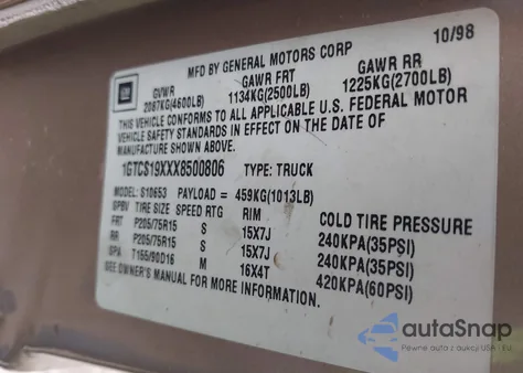 1999 GMC Sonoma Sls из США, поврежденный, VIN 1GTCS19XXX8500806